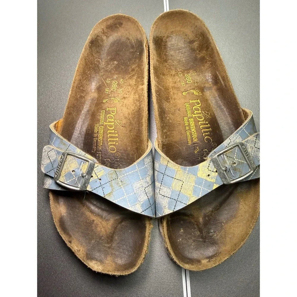 Papillio Birkenstock Madrid Sandals Blue Yellow Plaid Argyle Buckle Slide 40 L9